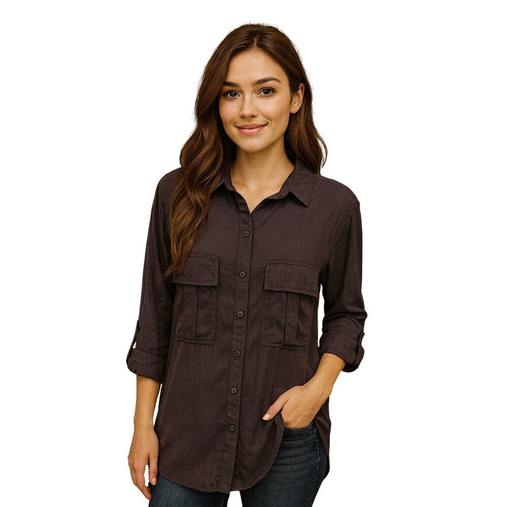 Leith sz M double pocket long sleeve brown lightweight career casual minimalist
